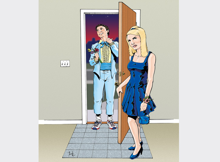 Illustration for 1 of 2 ads for Denver Tux featuring a hapless fellow with bad tuxedo luck at prom. Pen and ink with colors in Adobe Photoshop.