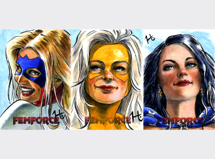2.5 x 3.5 sketchcards from the FemForce card set by SadLittles, 2010. Pen and ink and acrylic paint.
