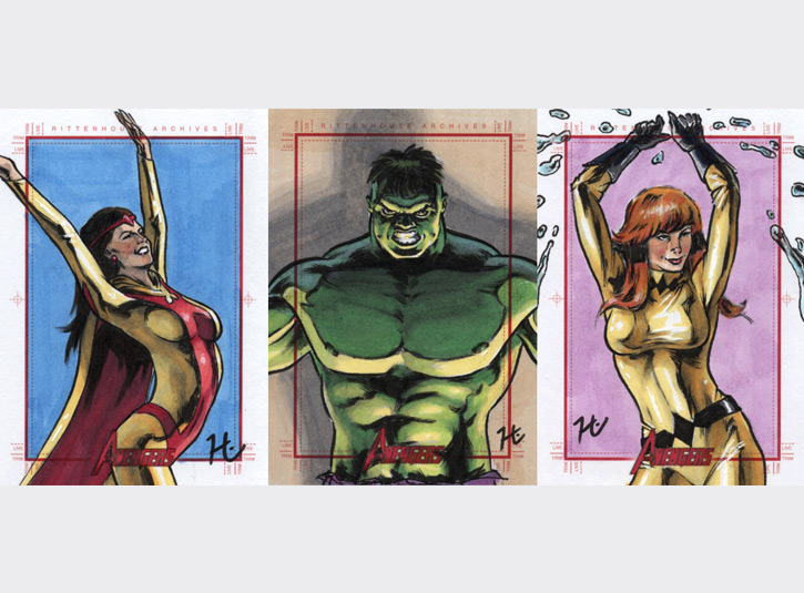2.5 x 3.5 sketchcards from the Marvel's Greatest Heroes card set by Rittenhouse Archives, 2012. Pen and ink and Copic Markers.